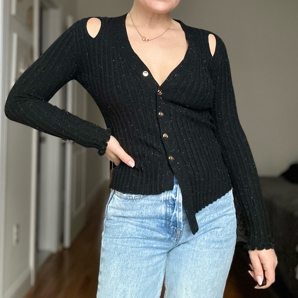 Designer Rib Knit Asymmetrical Cardigan with Lurex Knit and Gold Buttons - Picture 2 of 10